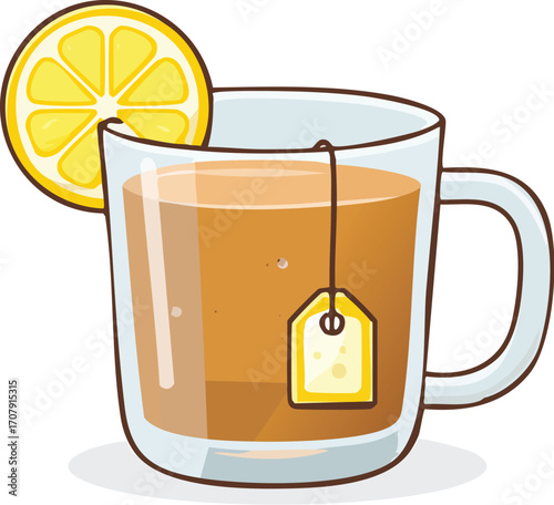 A glass mug of hot tea with a tea bag and a slice of lemon. An isolated vector illustration for a relaxing break and beverage concepts. Generative AI