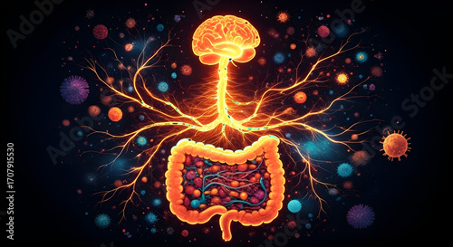 Vibrant glowing artwork showing brain connected to intestines with energy lines, creative visualization of microbiome gut brain axis and its impact on mental health and immunity