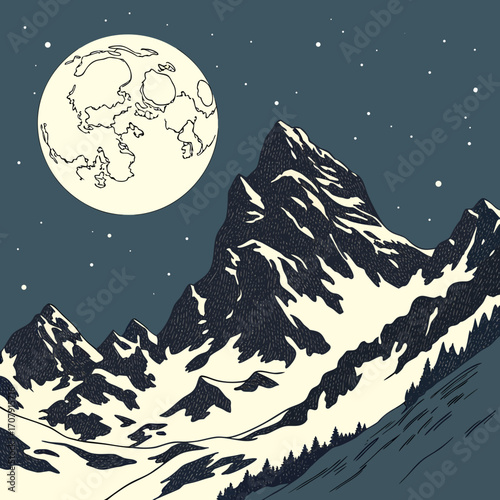 Vector art of a serene night scene featuring snowcapped mountains under a bright full moon, stars twinkling in the dark sky, creating a beautiful winter landscape