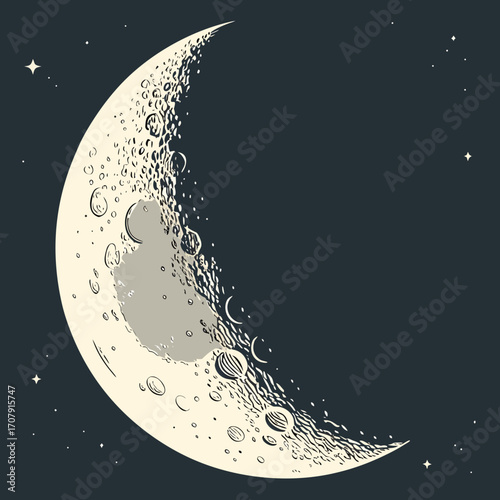 Vector art of detailed vector illustration of a crescent moon with craters and stars on a dark background, capturing the celestial beauty and lunar details in a vintage style drawing