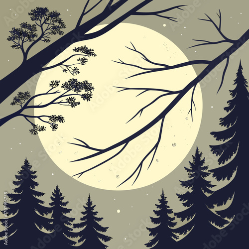 Vector art of a serene forest scene bathed in the soft glow of a full moon, with silhouetted trees framing the luminous orb, creating a tranquil and enchanting atmosphere of natures nocturnal beauty