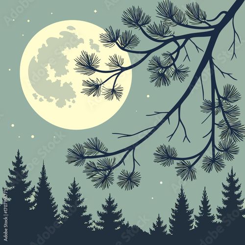 Vector art of a serene vector illustration of a full moon shining over a dark forest with pine trees and a branch in the foreground, creating a peaceful and mystical atmosphere