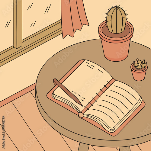 Vector art of a cozy corner with a round table, an open notebook with a pen, a cactus in a pot, and a small succulent, all bathed in warm light from a nearby window, creating a peaceful atmosphere