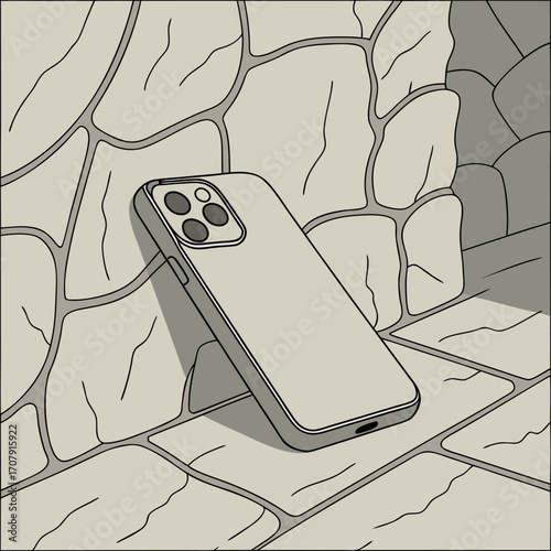Vector art of a minimalist isometric illustration depicts a smartphone resting against a stone wall, rendered in a muted color palette, creating a modern and stylish composition