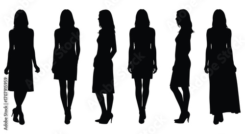 silhouettes of women in various elegant dresses standing