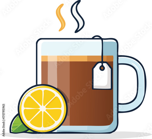 A glass mug of steaming hot tea with a lemon slice and a tea bag. A cozy vector illustration for a warm, relaxing beverage. Generative AI