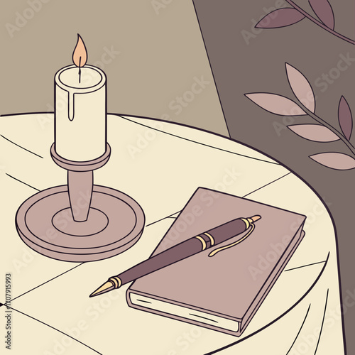 Vector art of a serene still life featuring a lit candle, a notebook, and a pen on a draped table, set against a backdrop of a patterned wall, creating a peaceful and contemplative atmosphere