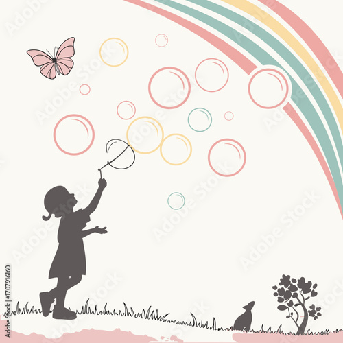 Vector art of a charming illustration captures a childs joy as they blow bubbles, with a butterfly fluttering nearby and a rainbow arching overhead, all set against a soft, dreamy backdrop