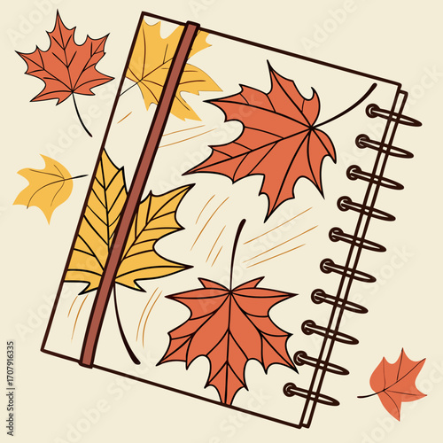 Vector art of a whimsical notebook adorned with vibrant autumn leaves, , captures the essence of fall with its colorful foliage and seasonal charm, evoking a sense of warmth