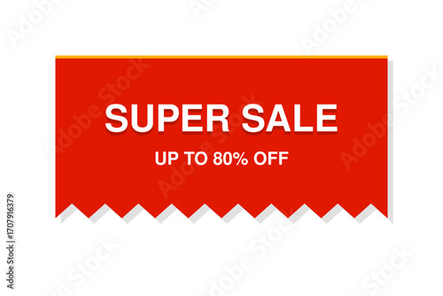 A bright red banner with jagged edges announces a super sale with discounts up to 80% off.