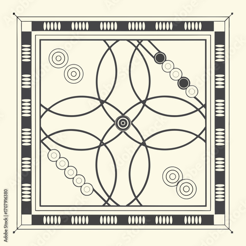 Vector art of an intricate backgammon board design featuring geometric patterns and playing pieces, creating a visually appealing and classic game illustration