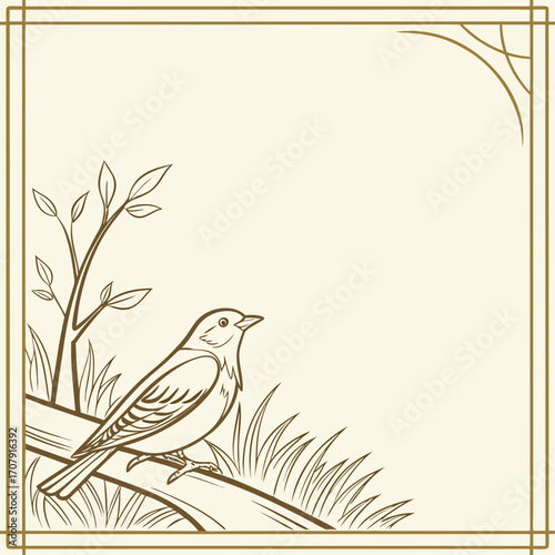 Vector art of a serene illustration featuring a bird perched on a branch, surrounded by grass and leaves, all within a decorative gold frame, evoking a sense of nature and tranquility