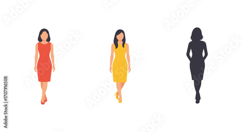 three women in dresses walking side by side