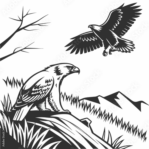 Vector art of majestic eagles soar above a serene landscape, one perched on a log amidst lush grass, the other gracefully gliding through the air against a backdrop of distant mountains