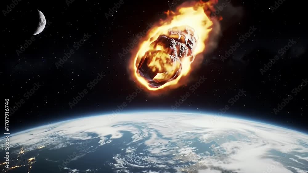 Fiery Meteoroid Approaching Earth at Night