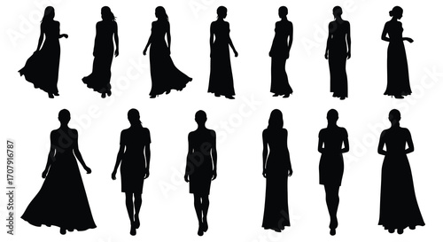 silhouettes of women in various elegant dresses and poses