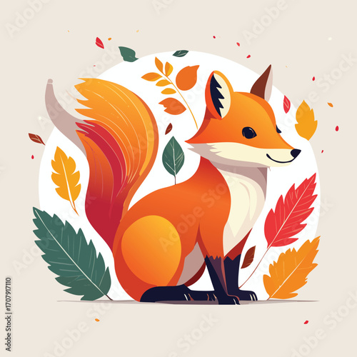 A stylized, modern illustration of a red fox surrounded by autumn foliage. A cute and elegant design for seasonal concepts. Generative AI