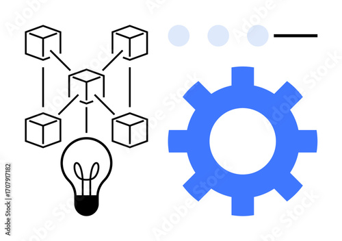 Blockchain nodes with connecting lines, blue gear, and lightbulb representing innovation. Ideal for technology, innovation, teamwork, data management, problem-solving, process optimization simple