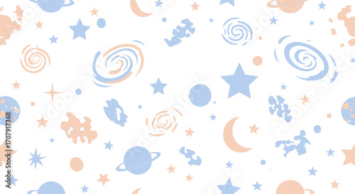 Cute hand drawn seamless pattern of space elements.