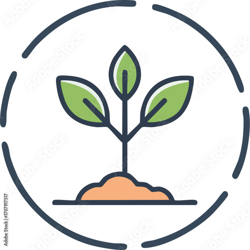 A simple line-art icon of a small plant sprout in soil, inside a circle. A minimalist logo for growth, nature, and eco concepts. Generative AI