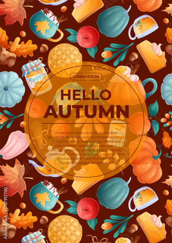 A flyer design template with autumn leaves, drinks and food. The concept of autumn, Thanksgiving day. Vector illustration for seasonal design of banners, posters, promotions, invitations.