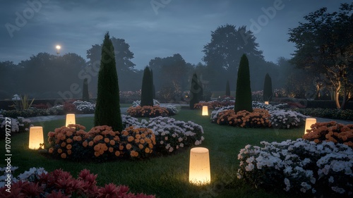 Nighttime Serenity Illuminated Garden with Flowers and Trees under a Misty Sky