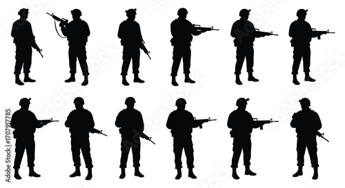 silhouettes of soldiers standing in various poses with weapons