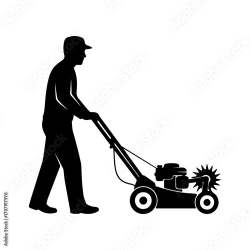 Man mowing lawn with transparent background