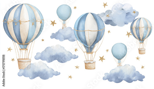 Whimsical watercolor hot air balloons and clouds in soft blue tones with gold stars