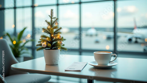 Festive coffee cup and mini Christmas tree in a quiet, contemplative style, representing holiday travel or a peaceful moment in an airport lounge with planes in the background,copy space

