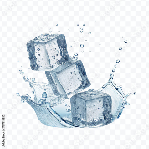 realistic 3d smooth ice cubes into water splash in  different style isolated on transparent background