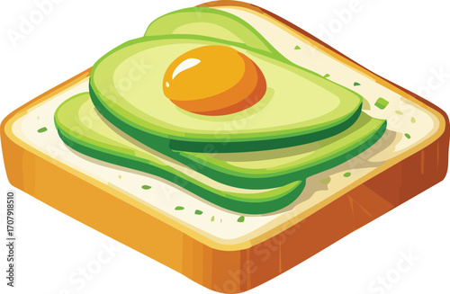 A healthy slice of toast with sliced avocado and a fried egg. A vector illustration for a delicious and nutritious breakfast or brunch. Generative AI