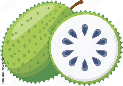 An illustration of a whole and a halved soursop (guanabana) fruit. A vector for concepts of tropical, exotic, and healthy fruits. Generative AI