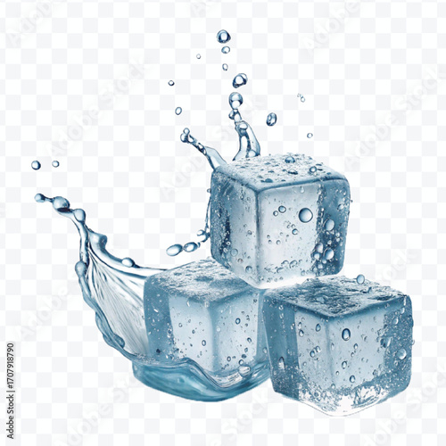 realistic 3d smooth ice cubes into water splash in  different style isolated on transparent background
