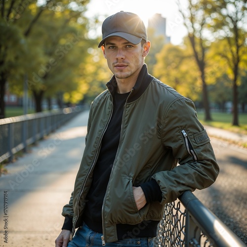 Young man in military green bomber jacket with calm demeanor leaning against dark metal fence against blurred park background