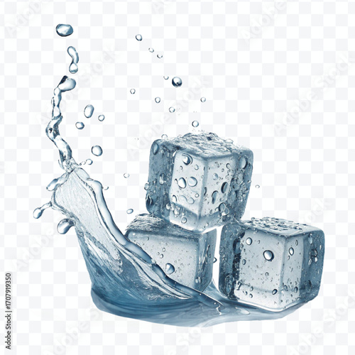 realistic 3d smooth ice cubes into water splash in  different style isolated on transparent background