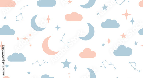 Cute Pastel Seamless Pattern with Moons Stars and Clouds.