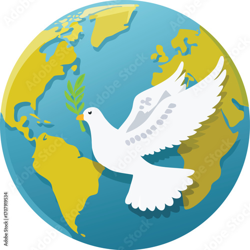 A white dove holding an olive branch, flying in front of planet Earth. A universal symbol of peace, hope, and environmental care. Generative AI