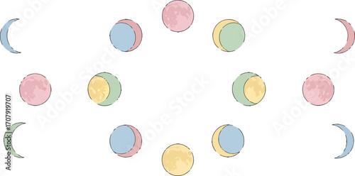 Moon phases watercolor illustration on white background.