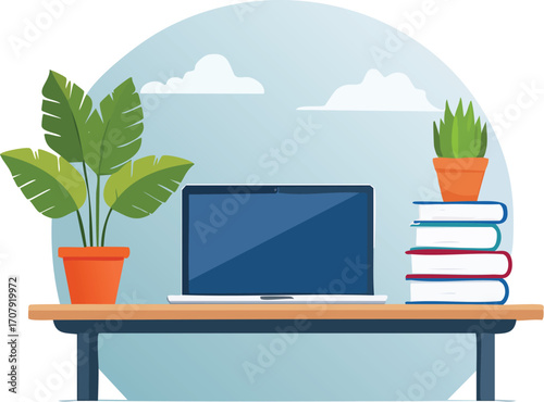 A simple, flat design illustration of a modern workspace with a desk, laptop, books, and plants. A concept for a home office or remote work. Generative AI