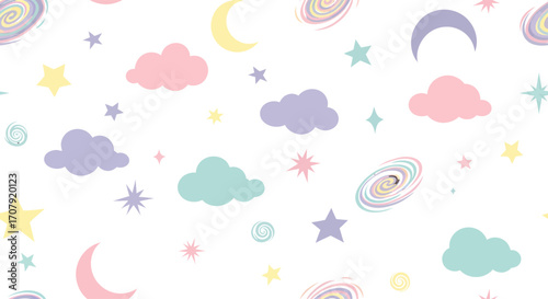 Cute pastel celestial pattern with clouds stars and moons.