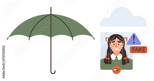 Green umbrella symbolizing protection paired with a face recognition tool warning about a fake profile. Ideal for online safety, cyber security, identity theft, fraud, AI, privacy, digital ethics