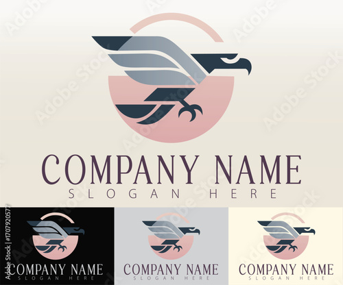 A modern logo design with an abstract eagle motif.