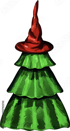 A painted Christmas tree decorated with red balls and topped with a brown leather Hogwarts-style (witch) pointed hat symbolizing magic of winter holidays; a cartoon-style vector illustration.