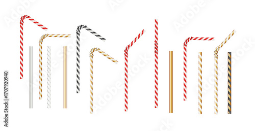 Realistic paper straw mock up template on isolated white background. Flexible bar liquid sucking accessories. Tubes for juice or soda. Vector