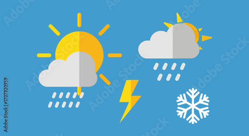 A collection of flat design weather forecast icons.