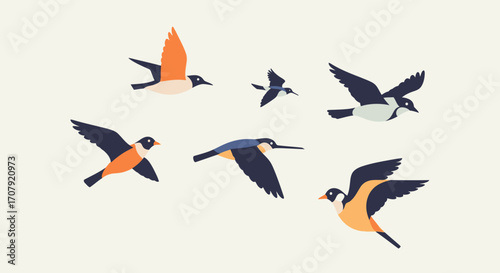 A collection of stylized birds in various flight poses.