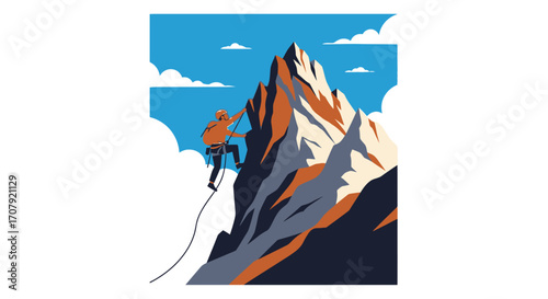 A lone climber ascends a towering, jagged mountain peak under a clear sky.