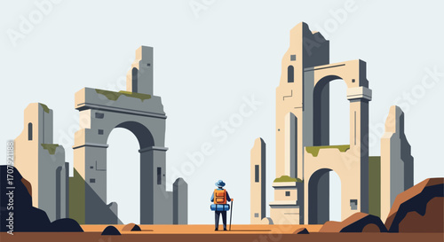 A lone figure stands amidst ancient ruins, contemplating the passage of time and history.