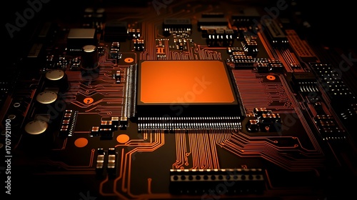 High-resolution tech abstract with orange circuitry on dark background captured using medium-format 80mm lens, crisp details and soft shadows
